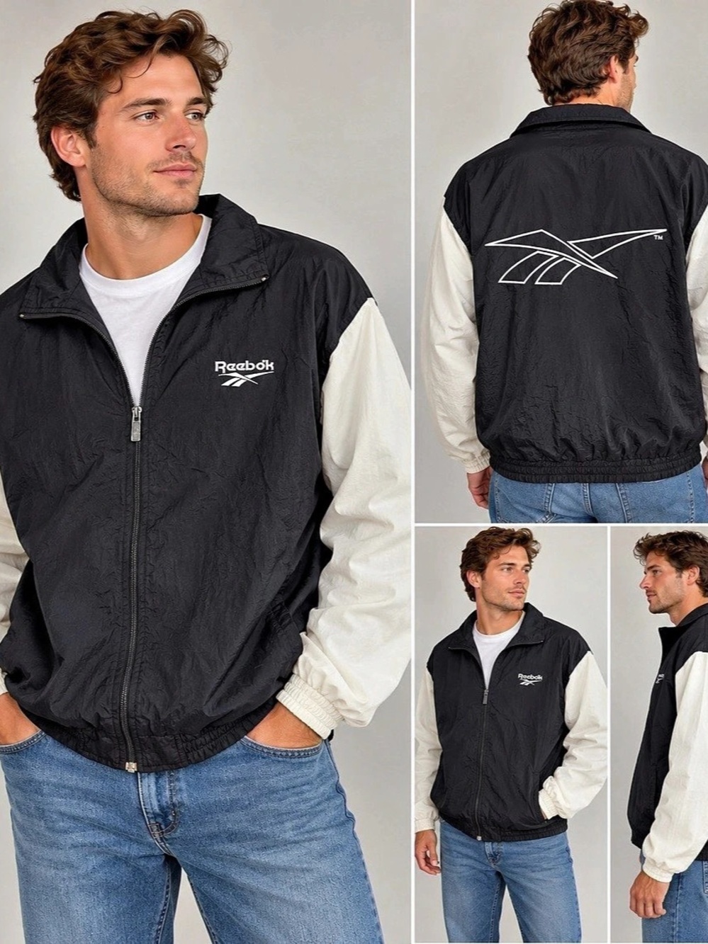 Vintage Reebok Men’s Medium Windbreaker Black White 90s Big Logo